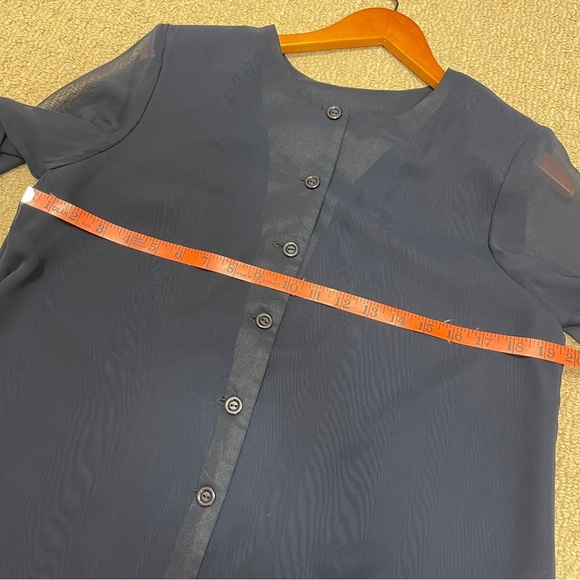 Vintage Button-Up Blouse with Sheer Sleeves Navy - M - Picture 10 of 11
